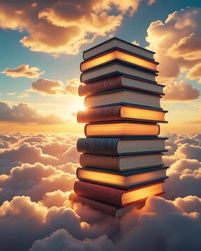 Surreal glowing book stack cloud dreamscape illustration images