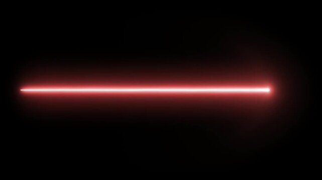 Laser beam cuts through the darkness as a thin horizontal line of intense red light glowing against a pitch black background.