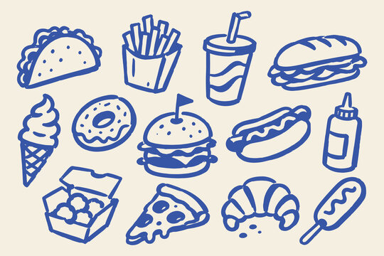 Fast Food Set Naive Doodle Vector Illustration