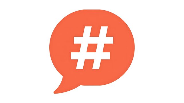 Social media hashtag symbol, orange speech bubble, white background, flat design icon