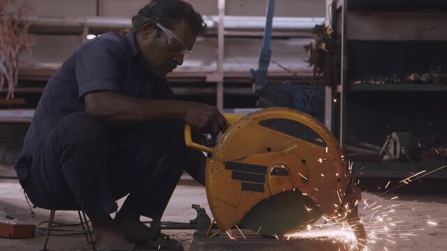 A wide indoor shot of a male Indian Asian worker using a chop saw to cut steel rod to size, bright sparks fly by as abrasive wheels slice through the metal rod in a fabrication workshop.