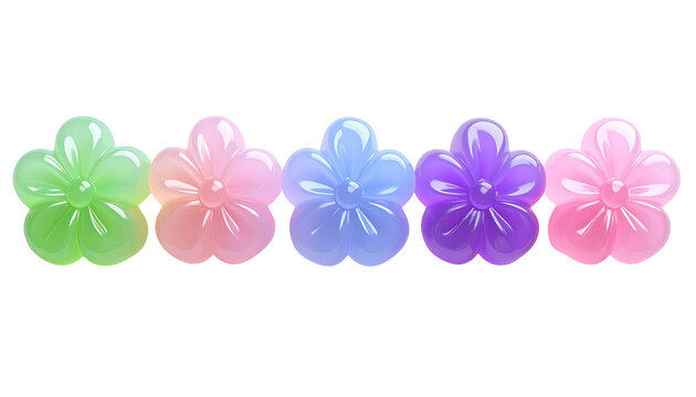 PNGMURNI--transparent background Firefly A row of five glossy 3D jelly flower shapes in pastel pink, mint green, lavende