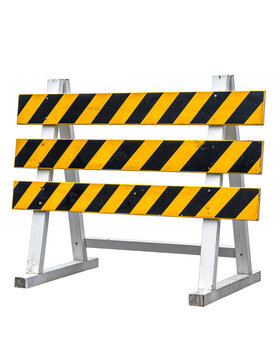 Road safety barricade with yellow and black stripes for construction Isolated on transparent or white, Cut out