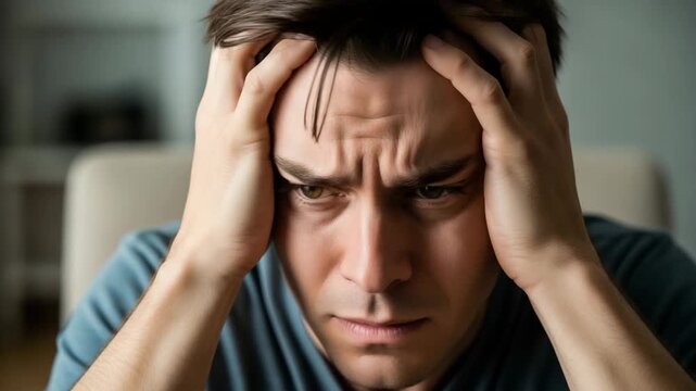 Anxiety Overload A man grips his head in despair his face contorted with worry and frustration conveying a deep sense of mental distress