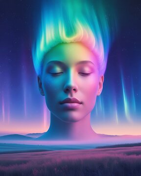 Dreamlike woman glowing aurora hair fantasy portrait pictures