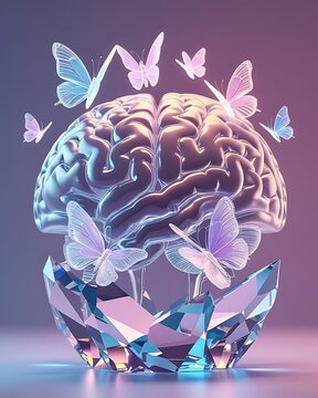 Dreamlike human brain glowing crystal butterflies fantasy wallpaper images
