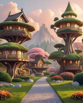 Fantasy treehouse village magical mountain sunset landscape photos