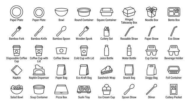 Comprehensive set of forty disposable tableware and food packaging linear icons featuring outline vectors of biodegradable plates cups cutlery and takeaway containers with editable stroke