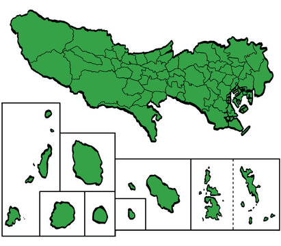 東京都地図 市町村区分 緑色 筆タッチ 和風 東日本 / A brushstroke map of Tokyo / green