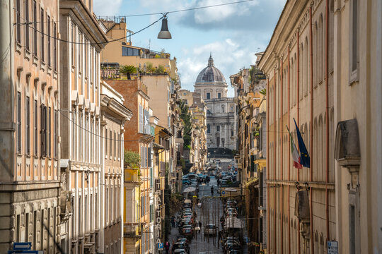 Street with the Basilica of Santa Maria Maggiore, Monti district, Rome, Italy