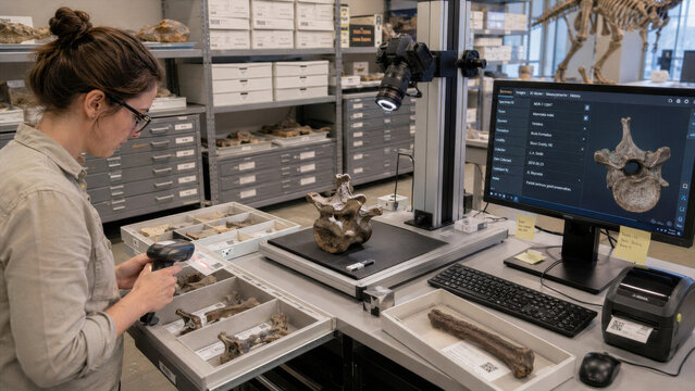 Researcher studies bones at a laboratory with modern equipment in the background during daylight hours in a scientific setting