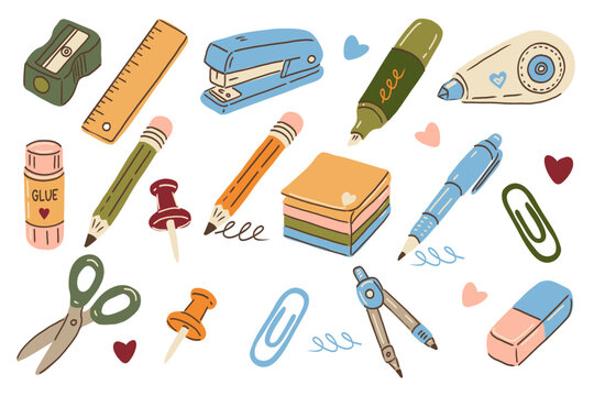 Back to school hand drawn vector collection, stationery, scissors, ruler, compass, eraser, paper clips, pushpins, pencil, ballpoint pen, glue, correction fluid, notepads.