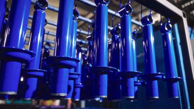 Glossy cobalt blue automotive components hanging on powder coating rack inside industrial production line with clean reflective finish and repeating rows, with powder, coating, automotive, component