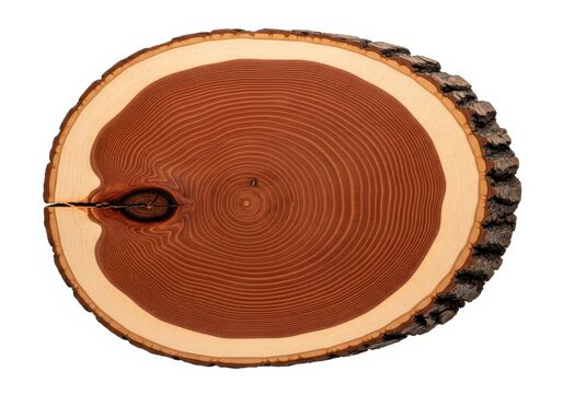Wood slice with annual rings and textured bark, heartwood and sapwood details, isolated on white