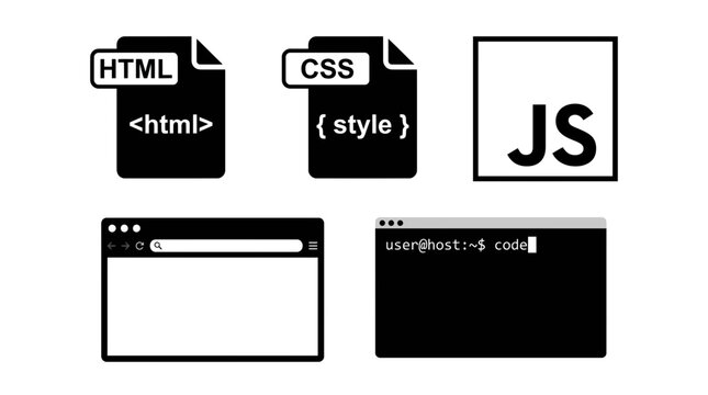Web Development Programming Icons Featuring Coding Languages File Formats Terminal Windows and Browser Interface Graphic Elements