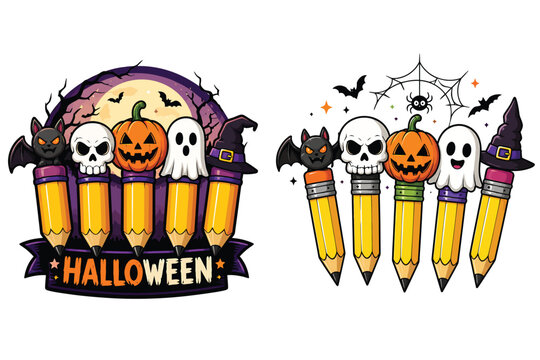 Cute cartoon halloween pencil toppers set with ghosts and pumpkins halloween stationery decoration creature character celebration illustration isolated collection