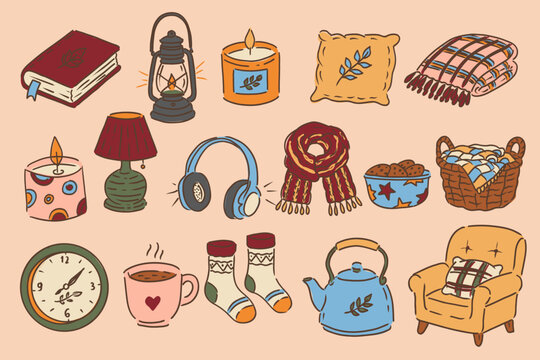 Seasonal autumn hygge lifestyle vector collection, hand drawn hot mug, candles, kettler, scarf, socks and books for fall designs and winter lifestyle.