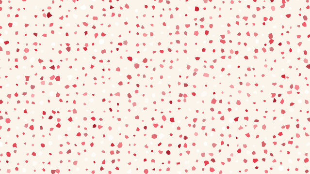 Minimalist terrazzo pattern with scattered red and pink mosaic fragments on beige background.