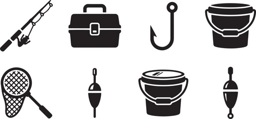 Fishing Equipment Outline Vector Icon Set © Balal