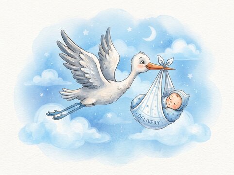Whimsical watercolor stork delivering a sleeping newborn baby boy in a soft blue cloud sky illustration for nursery decor with flying through dreamy