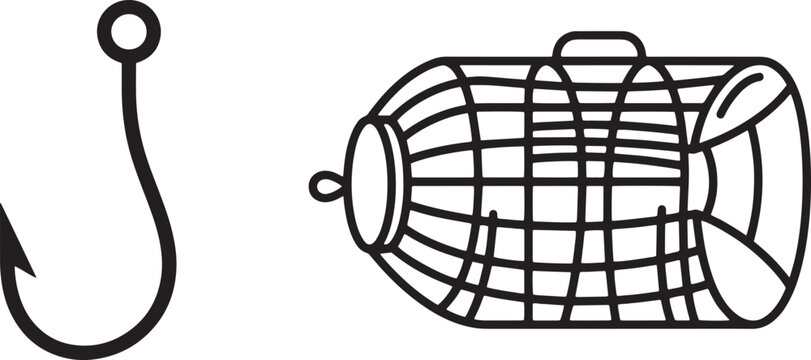 Fishing Hook and Traditional Fish Trap Outline Vector Set