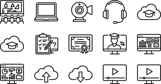 Set of outline icons representing online education and e-learning concepts.