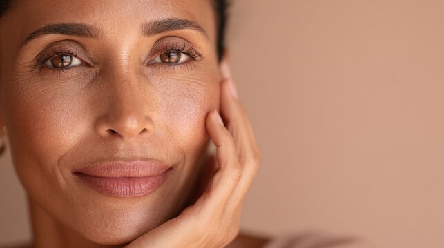 Middle aged Multiracial woman touching her face in close up portrait with copy space, concept for natural beauty and skincare