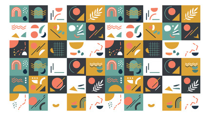 Bauhaus style geometric seamless pattern, mid-century modern abstract background vector, earthy organic shapes and botanical motifs in grid layout © Muhammad Sajjad