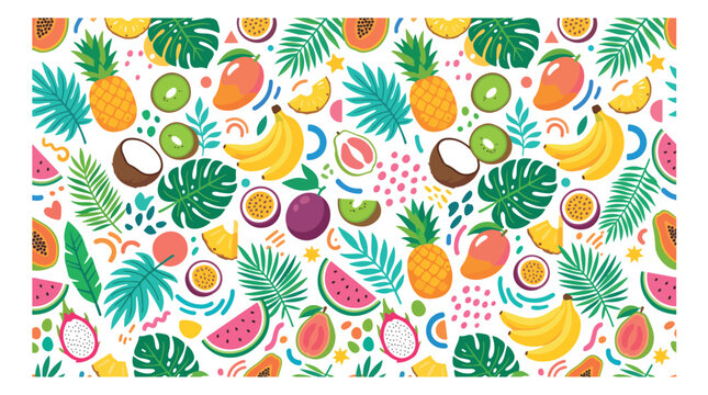 Tropical fruit seamless pattern vector, colorful exotic summer food background, vibrant pineapple and banana wallpaper for textile design