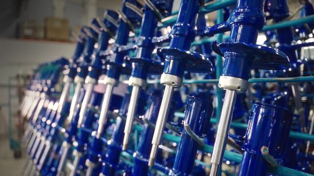 Glossy blue automotive suspension struts arranged on teal metal racks inside clean manufacturing plant, low-angle view with repeating industrial lines, bright reflections, detailed surfaces
