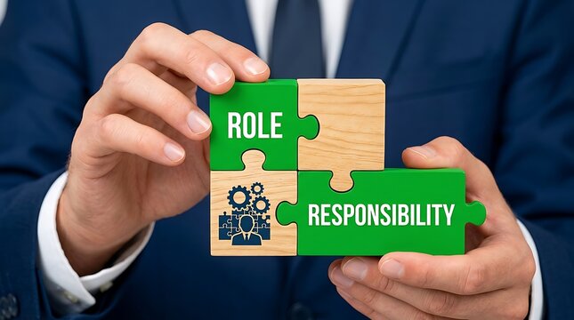 Businessman joining puzzle blocks with role and responsibility text and gear person icon for business management and team duty concept