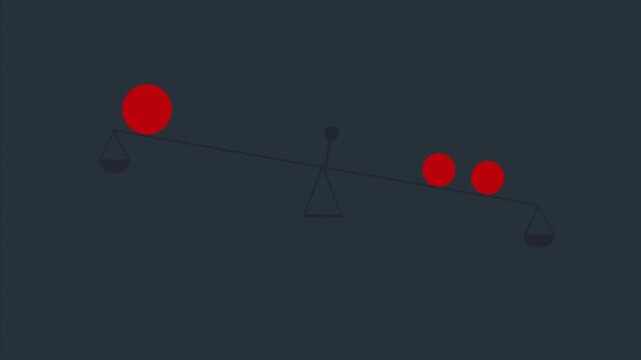 Balance scale holds three red spheres on a dark background to demonstrate the principles of weight distribution and mathematical comparison in a visual format.