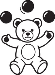 Obraz premium A cute teddy bear juggles three dark spheres with skillful paws in a delightful illustration, capturing a moment of playful entertainment and childhood joy.