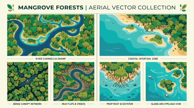 Mangrove forests aerial vector collection, tropical swamp and coastal intertidal zone landscapes, lush river delta ecosystem illustrations