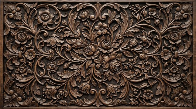 Intricate floral wood carving with symmetrical botanical relief pattern