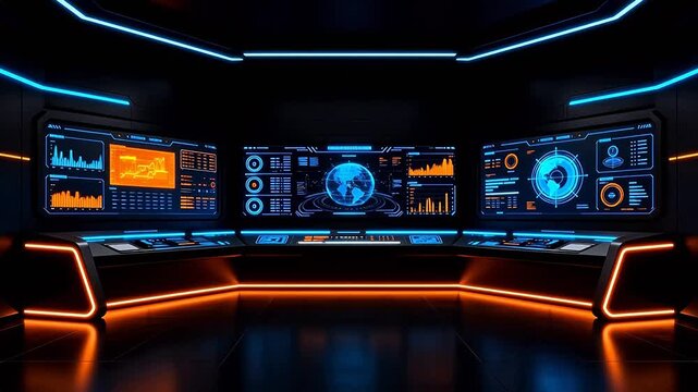 Futuristic control room with glowing screens