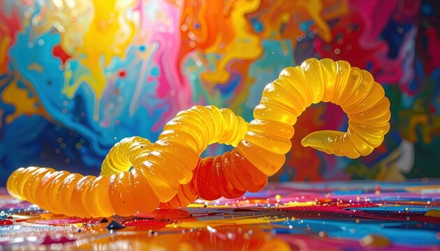 Vibrant Yellow Gummy Worms Twisted in Playful Formation Against Colorful Swirling Background