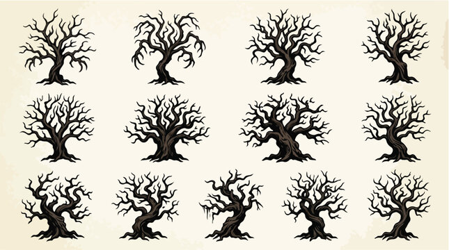 Spooky dead tree silhouettes set, 13 creepy leafless winter trees for Halloween design, dark gnarled wood branches vector collection