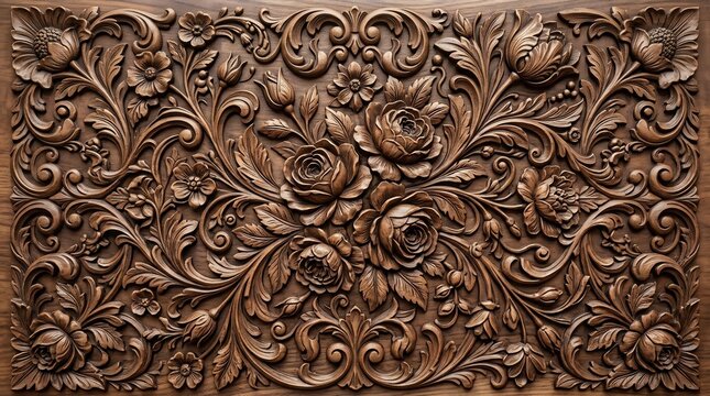 Intricate floral wood carving with symmetrical botanical relief pattern