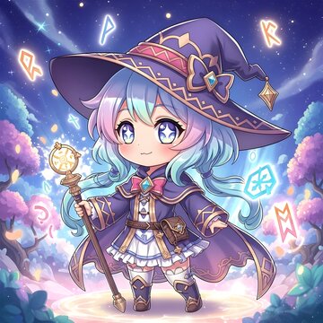 Whimsical pastel chibi character with magical staff and enchanted hat in cosmic fantasy setting with character standing confidently confidently