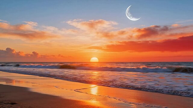 Beach sunset with moon in sky