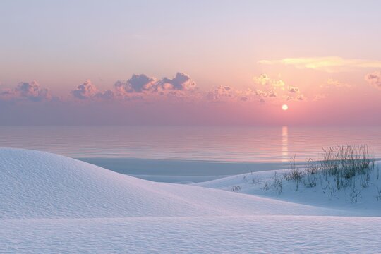 White sand dunes overlooking a calm ocean during a pastel purple sunset with soft clouds for wellness and travel marketing