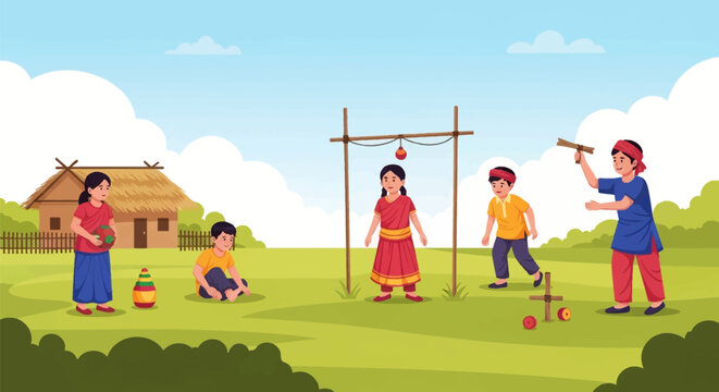 Vector illustration of South Asian children in traditional attire playing folk games like Gilli-Danda and ball near a rural hut in a green field under a blue sky.