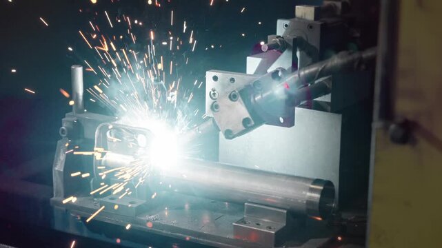 Robotic welding of car suspension bracket with bright arc, flying sparks, molten seam, and heavy steel fixture inside automotive production line, with welding, robotic, arc, spark detail