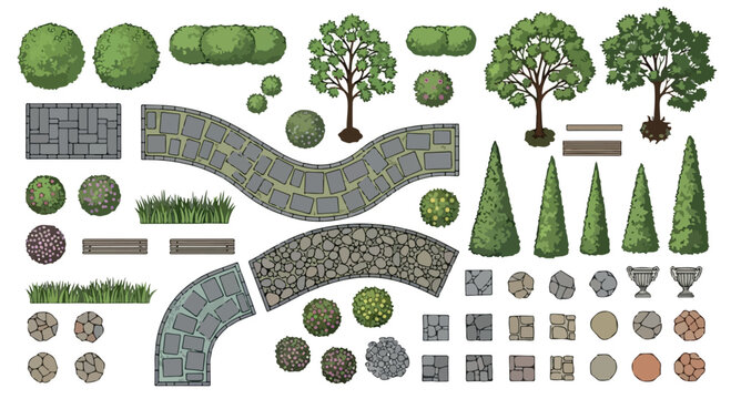 Landscape design elements vector set, garden plan symbols with stone paths and green plants, architectural site map icons for backyard landscaping