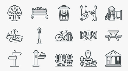 Fototapeta premium Creative Minimalist Line Drawing Icons Set of Park and Urban Elements in Black and White Style with high quality professional line art symbols for modern creative design and digital branding projects