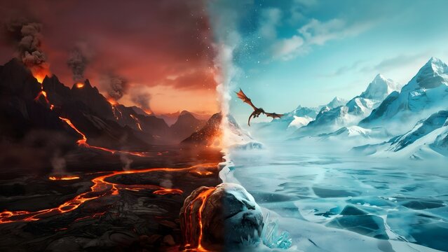 Epic fantasy scene featuring two opposing worlds, one forged from volcanic mountains, lava rivers and blazing skies, the other built from crystal ice, frozen oceans and snow-covered peaks