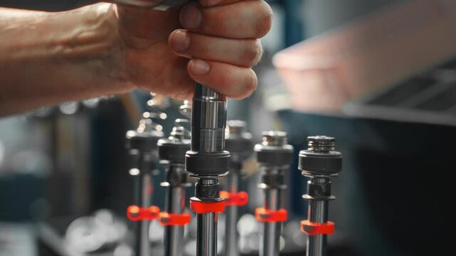 Technician hands pressing metal shafts into vertical fixtures on assembly bench with handheld driver, orange retainers, spring tension, and precise industrial alignment