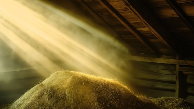 A conical stack of golden hay bales inside a rustic wooden barn.