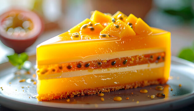 Exotic mango passion fruit cake slice with vibrant jelly layers in macro
